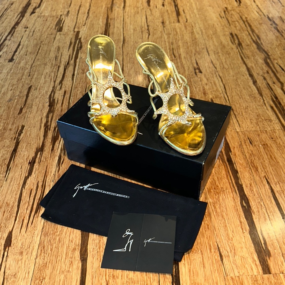 Giuseppe Zanotti Metallic Gold Rhinestone Strappy Heels